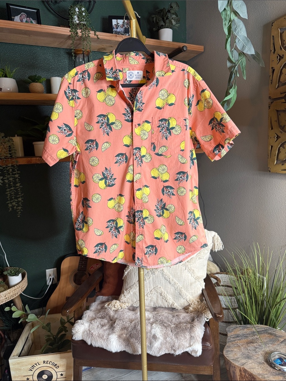 Hurley Coral Short-Sleeve Button-Down with Yellow Citrus Print